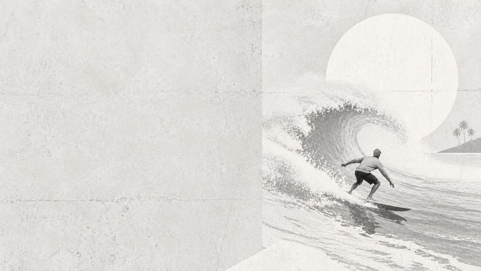 A surfer in an ochre beanie riding inside a breaking wave under a pale sun